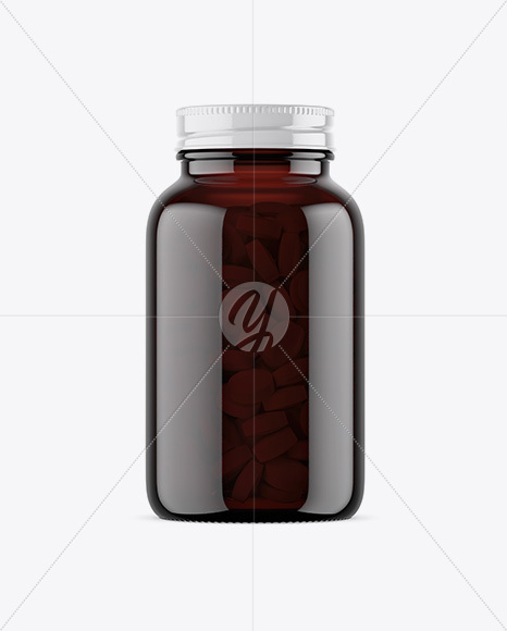 Dark Amber Glass Bottle With Pills Mockup