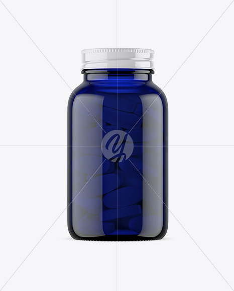 Dark Blue Glass Bottle With Pills Mockup