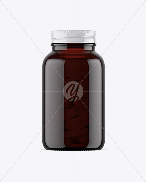 Dark Amber Glass Bottle With Pills Mockup