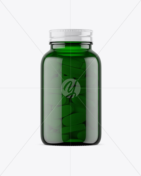 Green Glass Bottle With Pills Mockup