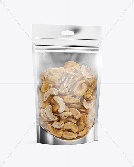 Glossy Transparent Stand-Up Pouch W/ Cashew Nuts Mockup - Half Side View