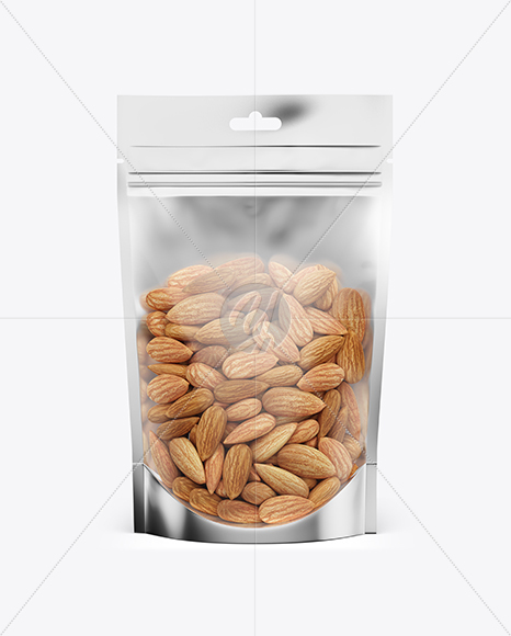 Glossy Transparent Stand-Up Pouch W/ Almond Nuts Mockup - Front View