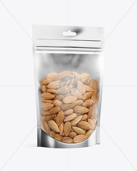 Glossy Transparent Stand-Up Pouch W/ Almond Nuts Mockup - Half Side View