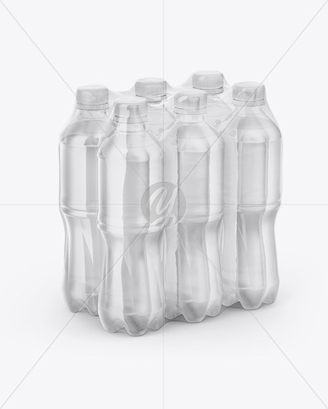 Transparent Shrink Pack with 6 Plastic Bottles Mockup - Half Side View