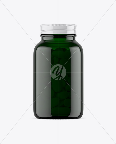 Dark Green Glass Bottle With Pills Mockup