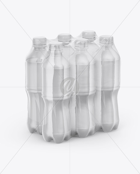 Transparent Shrink Pack with 6 Plastic Glossy Bottles Mockup - Half Side View