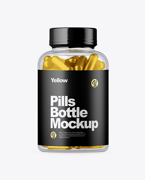 Clear Glass Bottle w/ Metallic Pills Mockup