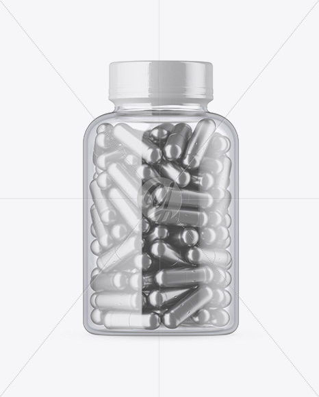 Clear Glass Bottle w/ Metallic Pills Mockup