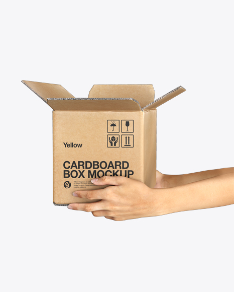 Opened Cardboard Box with Hands Mockup - Gift card box mockup