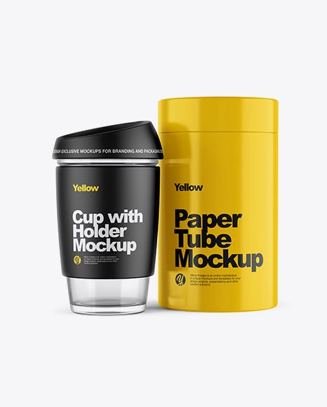 Cup with Holder &amp; Glossy Tube Mockup