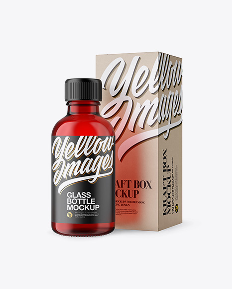 50ml Red Glass Сosmetic Bottle W/ Kraft Box Mockup