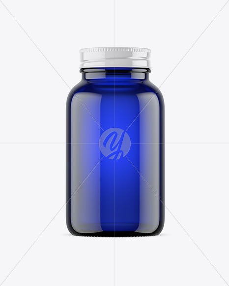 Empty Dark Blue Glass Pills Bottle Mockup