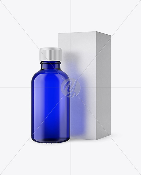 50ml Blue Glass Сosmetic Bottle W/ Kraft Box Mockup