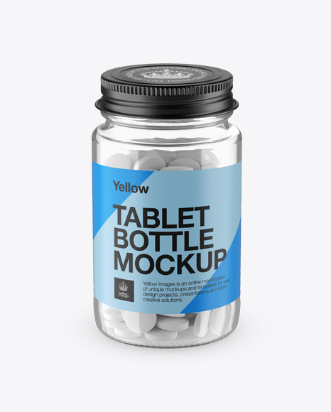 Clear Pill Bottle With Metal Cap Mockup - High-Angle Shot - Mockup metal plate