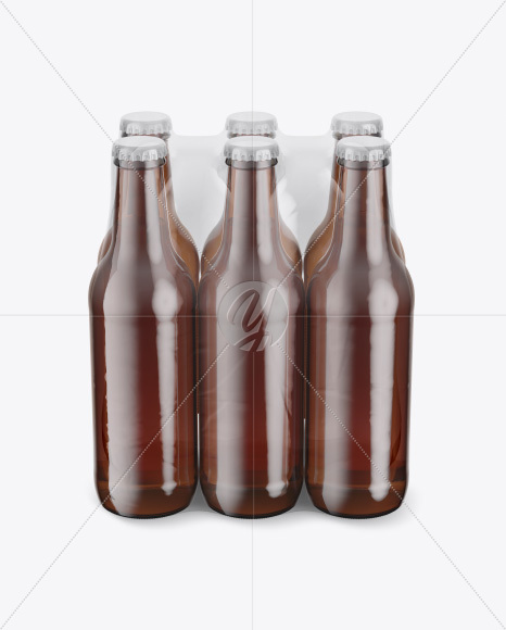 6 Amber Glass Bottles Pack Mockup