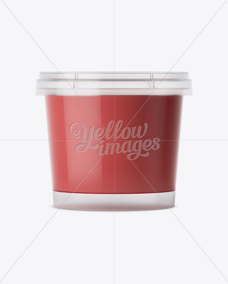 Glossy Plastic Container With Strawberry Yogurt Mockup - Eye-Level Shot