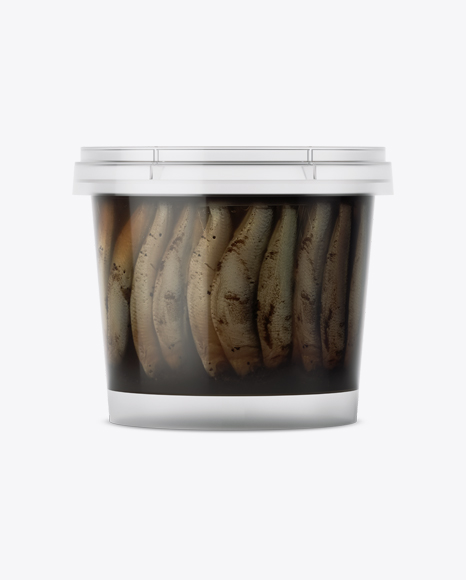 Glossy Plastic Container With Fish Mockup - Eye-Level Shot