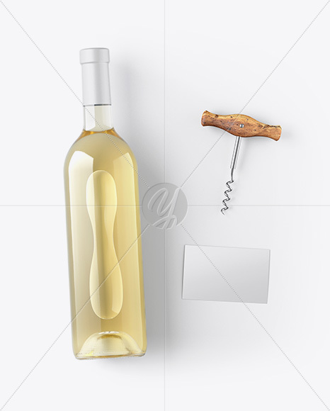 White Wine Bottle w/ Corkscrew and Card Mockup