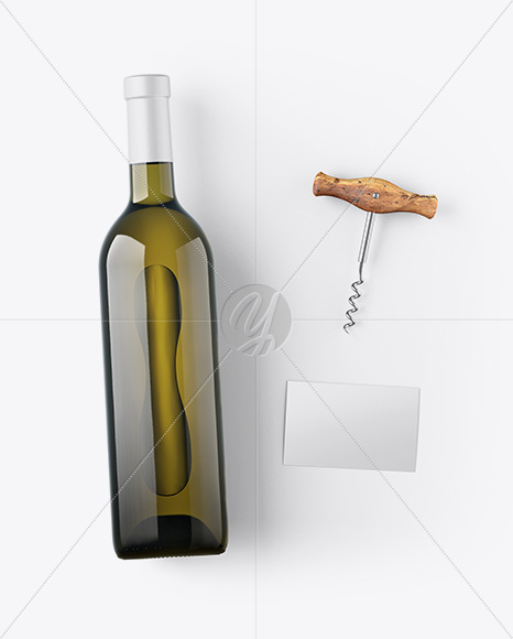 Antique Green Wine Bottle w/ Corkscrew and Card Mockup