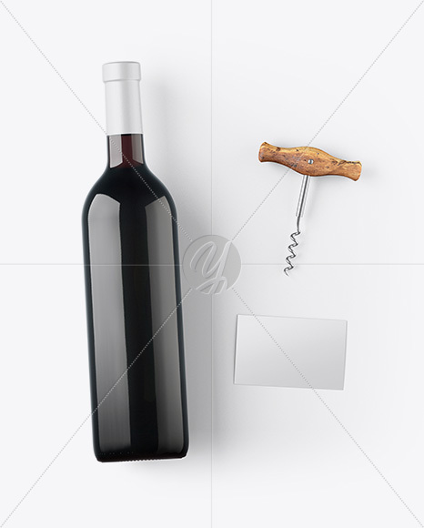 Amber Wine Bottle w/ Corkscrew and Card Mockup