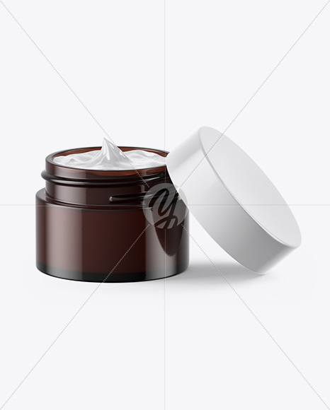 Opened Dark Amber Glass Cosmetic Jar Mockup