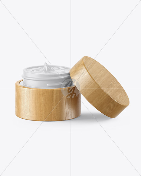 Opened Matte Cosmetic Jar in Wooden Shell Mockup Opened Matte Cosmetic Jar in Wooden Shell Mockup
