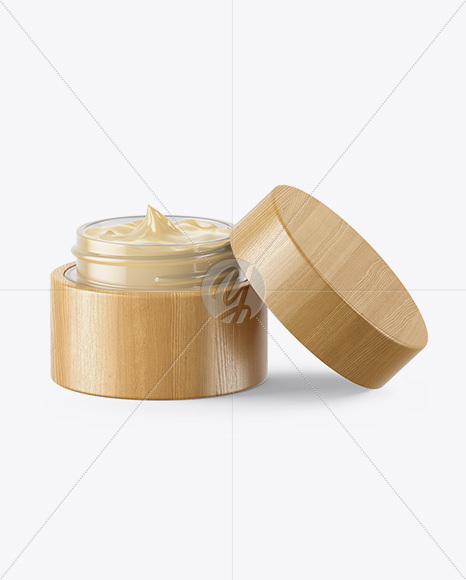 Opened Clear Glass Cosmetic Jar in Wooden Shell Mockup