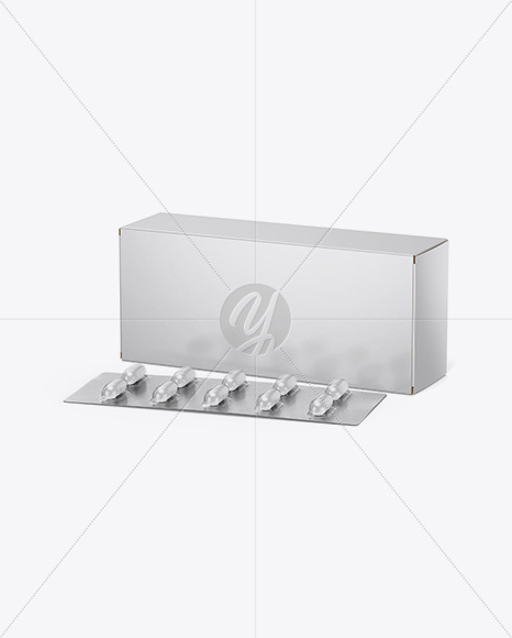 Glossy Paper Box &amp; Pills Blister Mockup - Half Side View (High-Angle Shot)