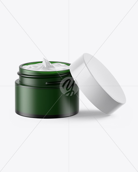 Opened Dark Frosted Green Glass Cosmetic Jar Mockup