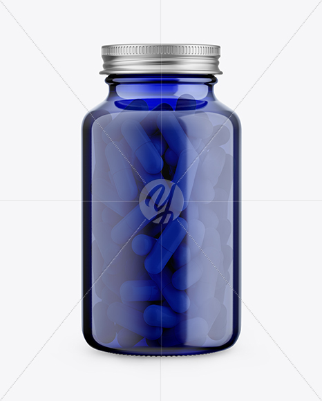 Blue Glass Bottle With Pills Mockup