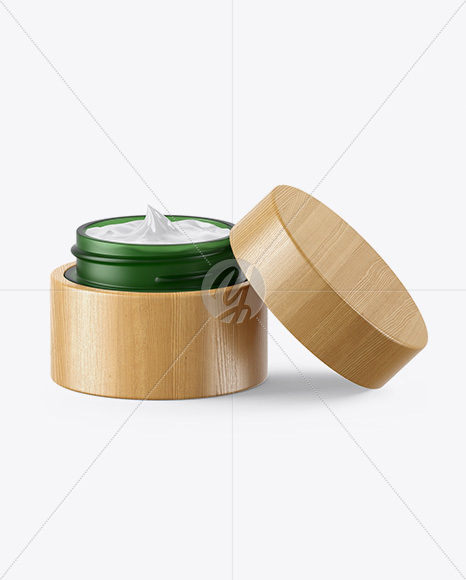 Opened Green Frosted Glass Cosmetic Jar in Wooden Shell Mockup