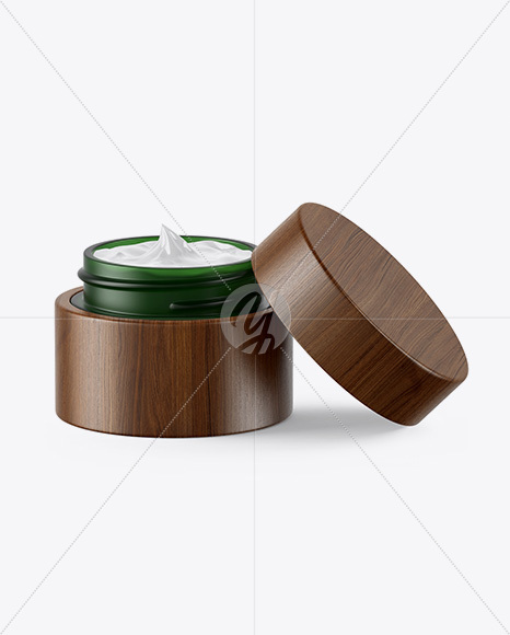 Opened Dark Green Frosted Glass Cosmetic Jar in Wooden Shell Mockup Opened Dark Green Frosted Glass Cosmetic Jar in Wooden Shell Mockup