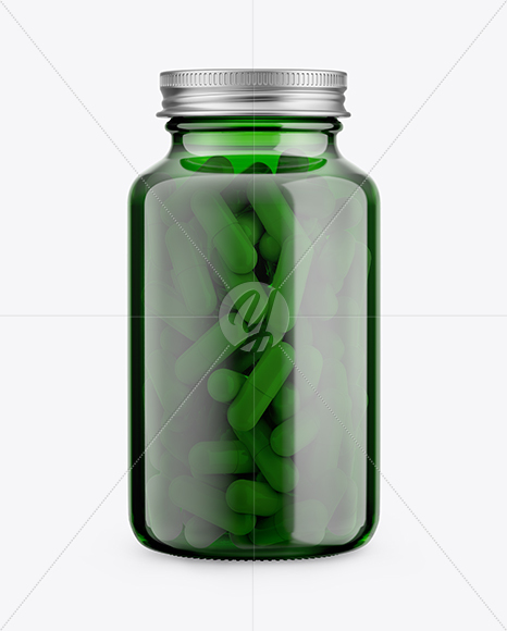 Green Glass Bottle With Pills Mockup