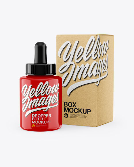 Glossy Dropper Bottle w Kraft Box Mockup - Glossy+Dropper+Bottle+With+Kraft+Paper+Box+Mockup