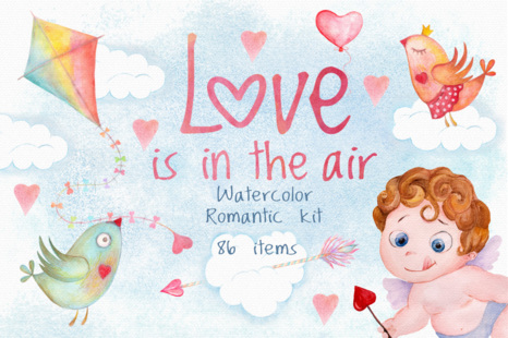 Valentines day love watercolor set - Seamless patterns