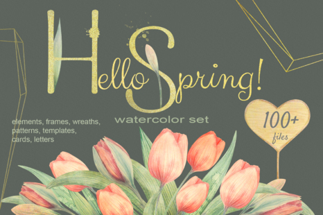 HELLO SPRING. Watercolor tulip set - Seamless patterns