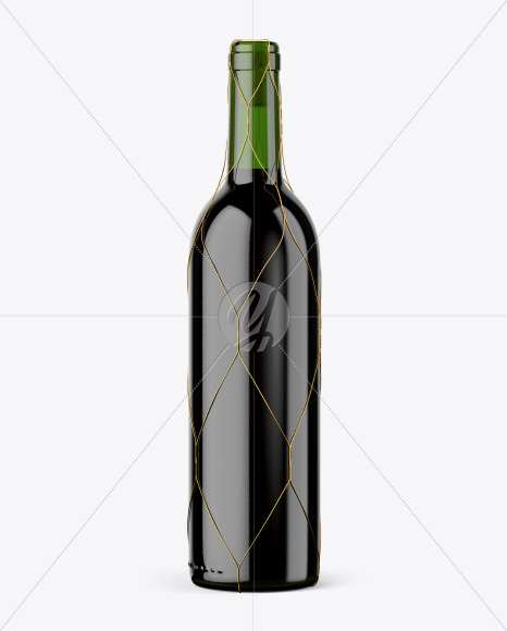 Green Glass Red Wine Bottle with Golden Wire Mockup