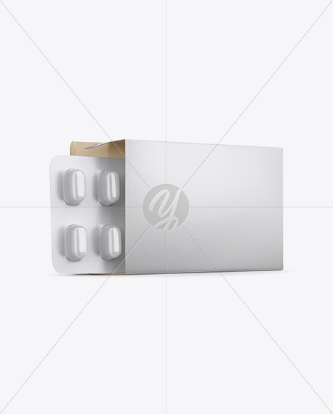 Opened Paper Box &amp; Glossy Pills Blister Mockup - Half Side View