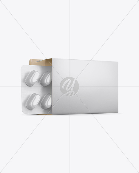 Opened Paper Box & Glossy Pills Blister Mockup - Half Side View