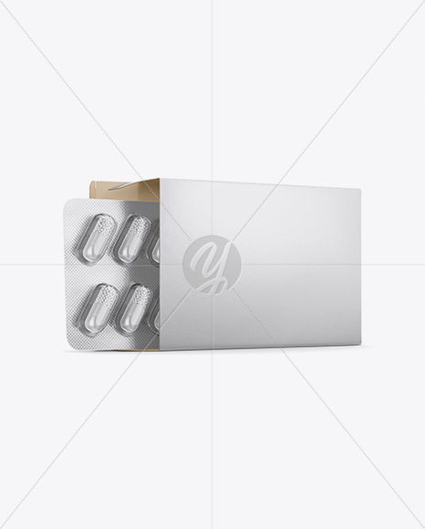 Opened Paper Box &amp; Pills Blister Mockup - Half Side View