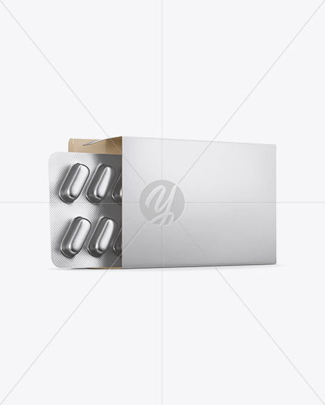 Opened Paper Box & Metallic Pills Blister Mockup - Half Side View