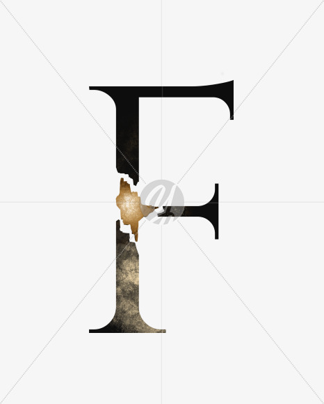 a uppercase grunge letter F with broken gold part from Dark grunge alphabet with broken gold part on Yellow Images Creative Fonts - S46501