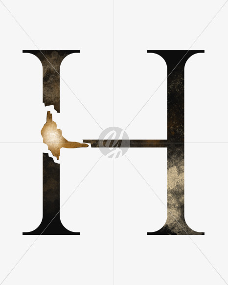 a uppercase grunge letter H with broken gold part from Dark grunge alphabet with broken gold part on Yellow Images Creative Fonts - S46502