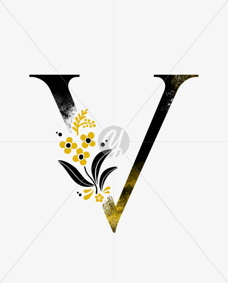 Letter V from Scandinavian Folk Alphabet with yellow floristic decor on Yellow Images Creative Fonts - S47084