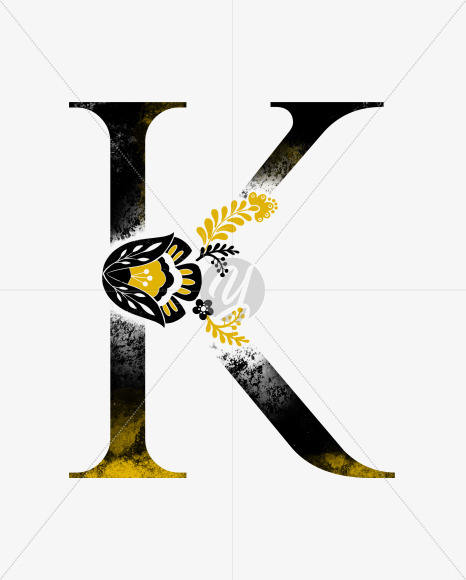 Letter K from Scandinavian Folk Alphabet with yellow floristic decor on Yellow Images Creative Fonts - S47073