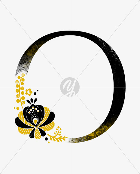 Letter O from Scandinavian Folk Alphabet with yellow floristic decor on Yellow Images Creative Fonts - S47077