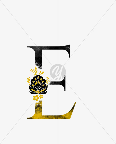 Letter E from Scandinavian Folk Alphabet with yellow floristic decor on Yellow Images Creative Fonts - S47067