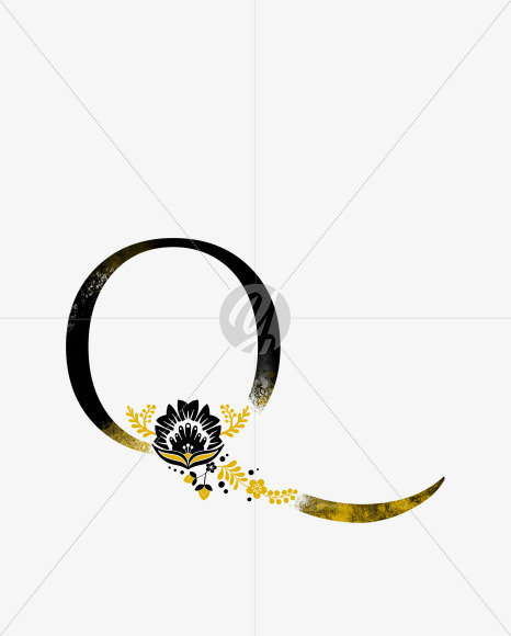 Letter Q from Scandinavian Folk Alphabet with yellow floristic decor on Yellow Images Creative Fonts - S47079