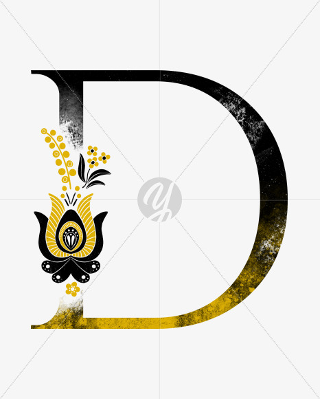 Letter D from Scandinavian Folk Alphabet with yellow floristic decor on Yellow Images Creative Fonts - S47066