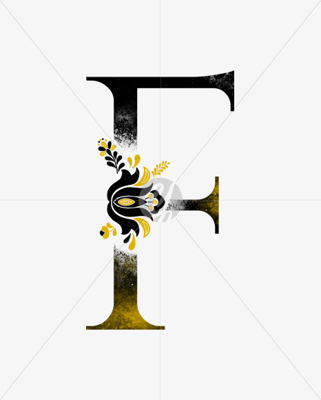 Letter F from Scandinavian Folk Alphabet with yellow floristic decor on Yellow Images Creative Fonts - S47068